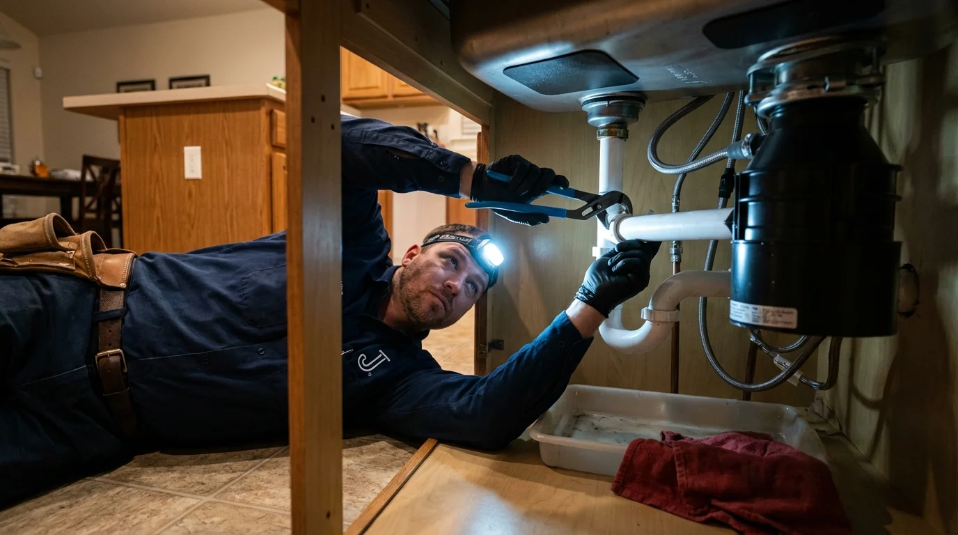 P-trap and supply line connections under a kitchen sink showing a common leak point in Hyde Park, UT